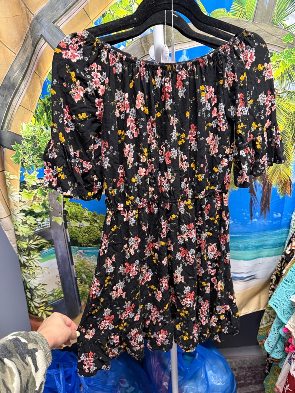 New Look Black Floral Off-Shoulder Mini Dress with Pink & Yellow Flowers